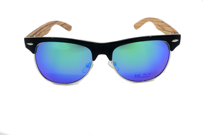 Zebra Wood Clubmaster Style Sunglasses with Green lens